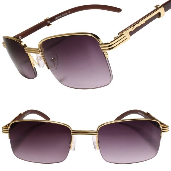 Classy Semi Rimless Gold Rectangle Sunglasses - Picture 1 of 4